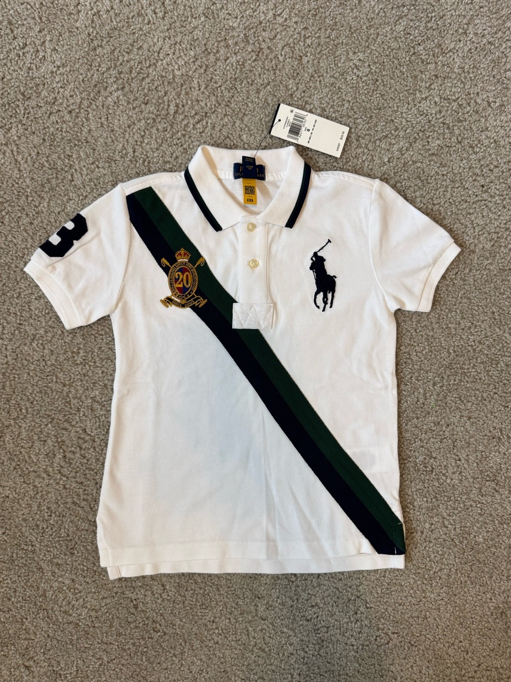 Polo by Ralph Lauren White Kids Polo with Navy & Green Diagonal Stripe